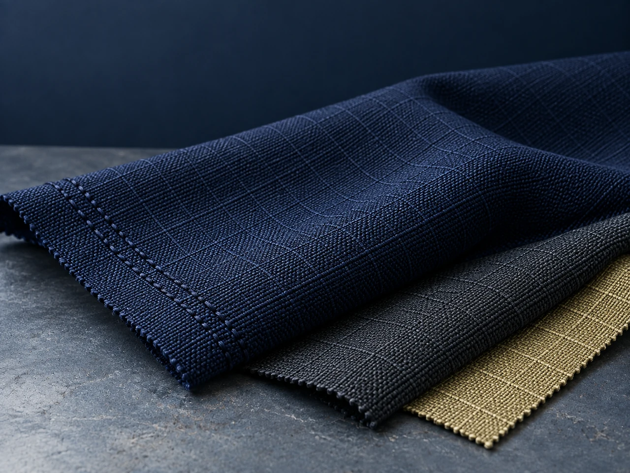 Composición conceptual de muestras textiles de trama densa, tipo aramida, en azul marino, carbón y tono natural sobre una mesa de acero.
