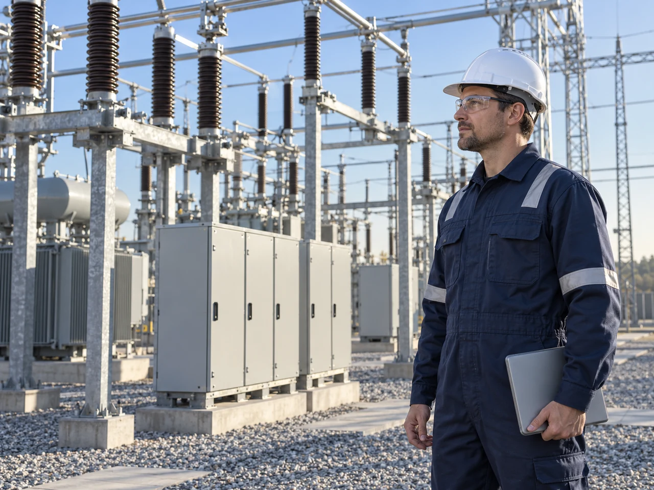 Escena ilustrativa de un trabajador con casco e indumentaria industrial en una subestación eléctrica.