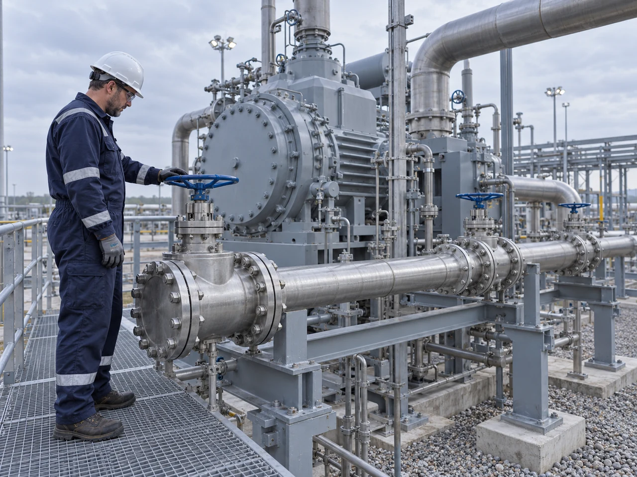 Escena ilustrativa de inspección de tuberías y equipos de procesamiento de gas.