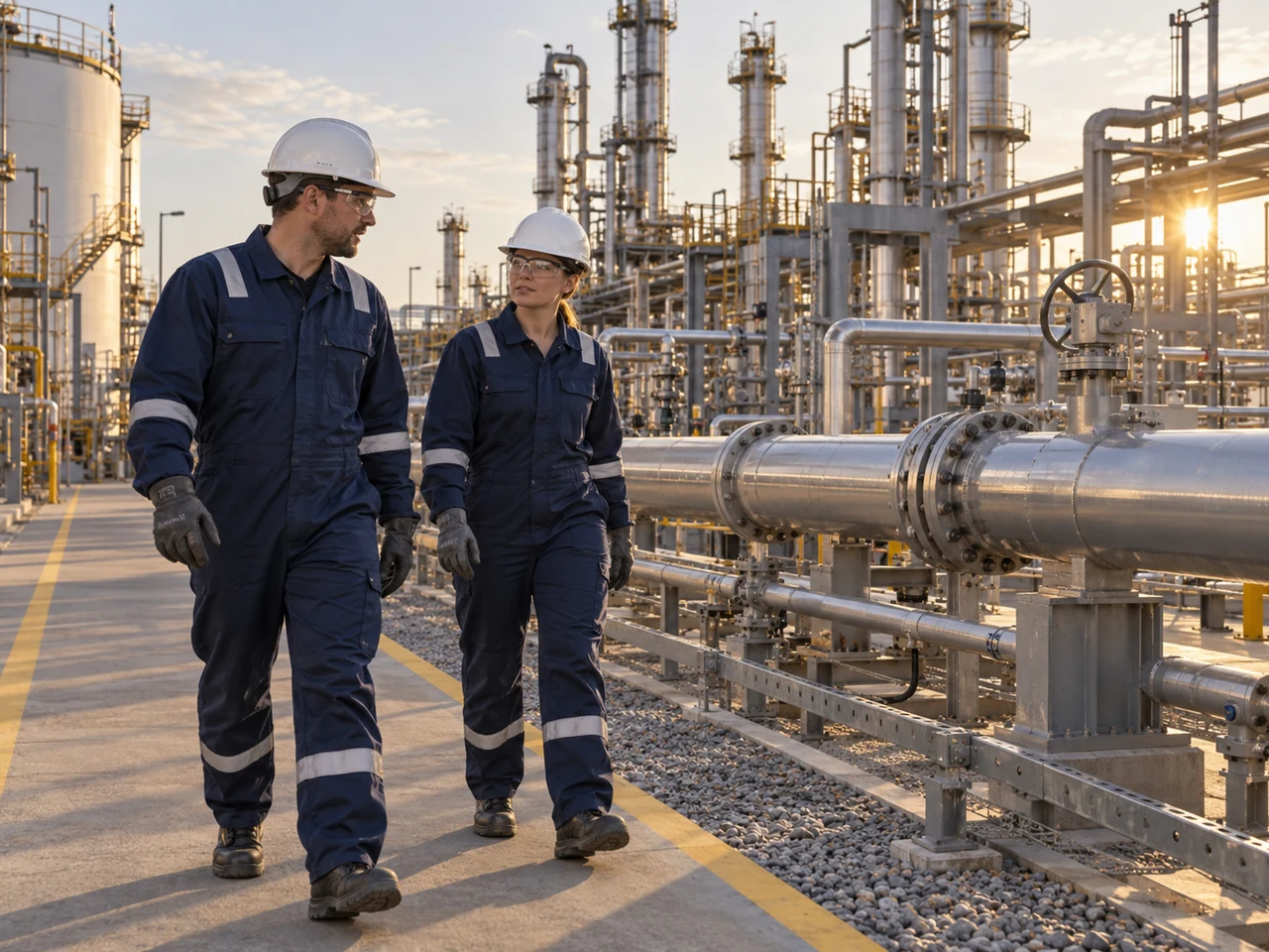 Escena ilustrativa de dos trabajadores con indumentaria azul y cascos en una planta petroquímica.